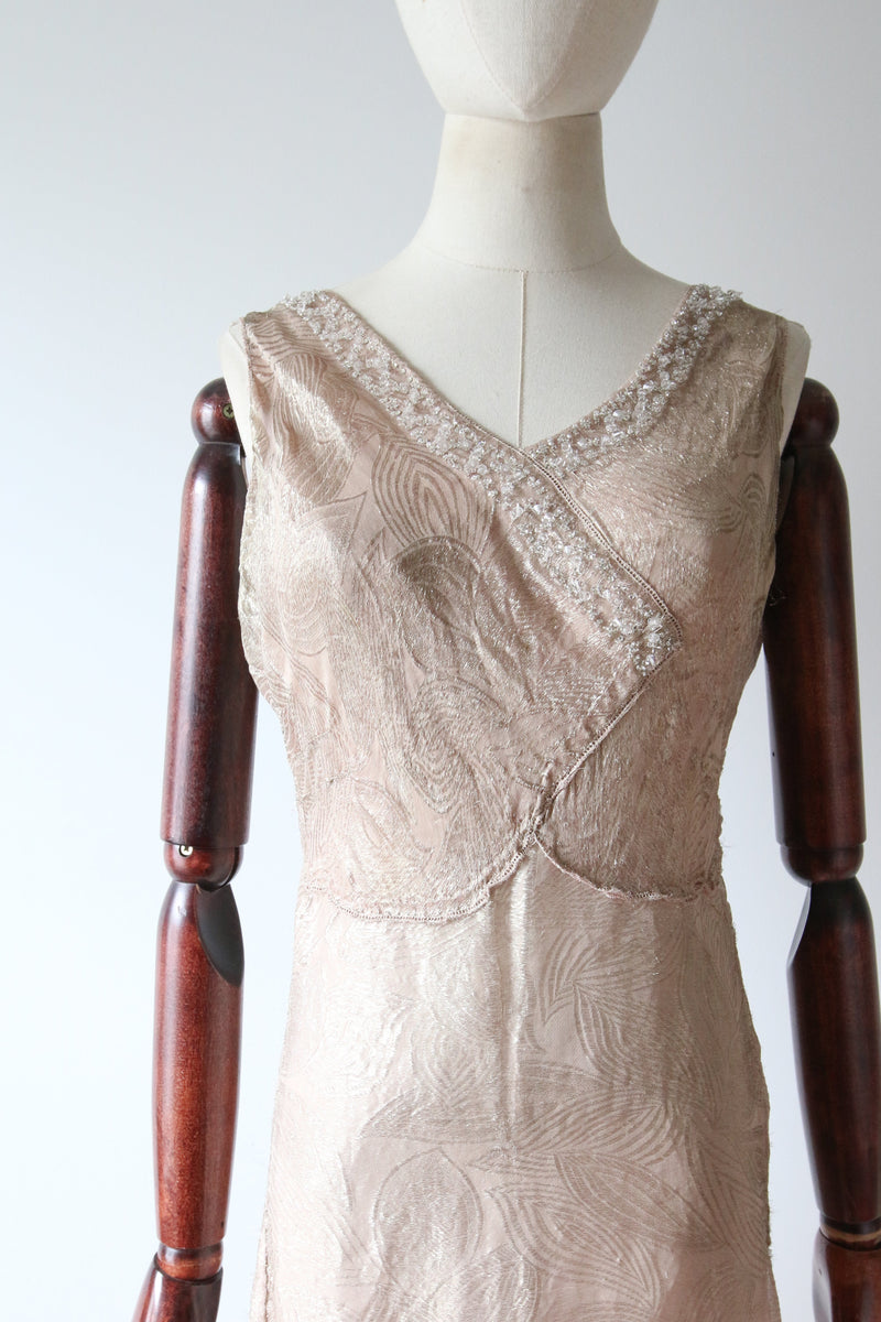 "Blush Lamé" Vintage 1930's Blush Silk & Gold Lamé Beaded Dress UK 8 US 4