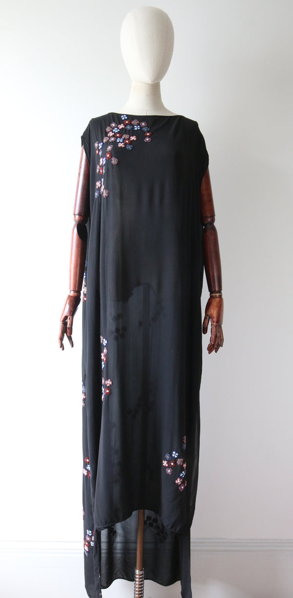 "Daisy Trains" Vintage 1920's Black Silk Beaded Daisy Train Dress UK 14-18 US 10-14