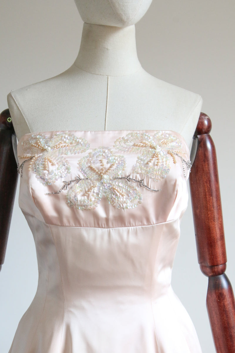 "Misty Rose Satin" Vintage 1950's Misty Rose Strapless Sequin Embellished Satin Dress UK 8 US 4