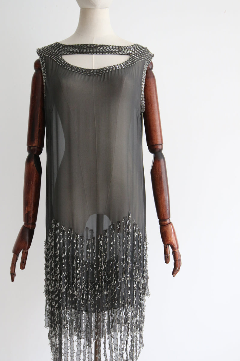 "Ciel D'Étoiles" Vintage 1920's Grey Silk Beaded Flapper Dress UK 12 US 8