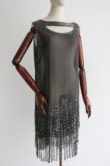 "Ciel D'Étoiles" Vintage 1920's Grey Silk Beaded Flapper Dress UK 12 US 8