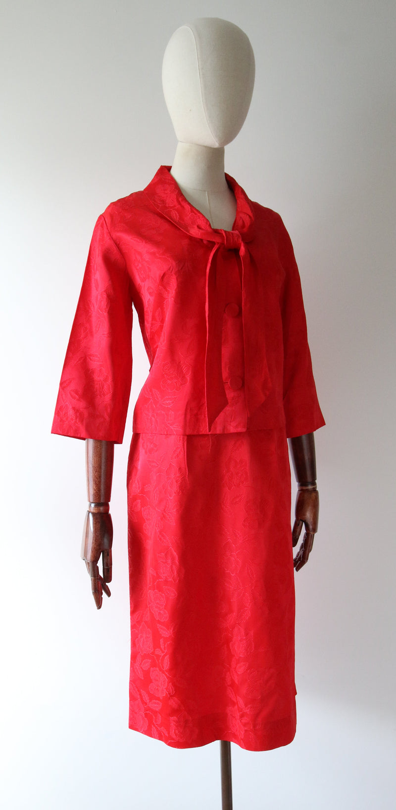 "Red Rose Brocade" Vintage 1960's Red Rose Brocade Skirt Suit UK 8-10 US 4-6