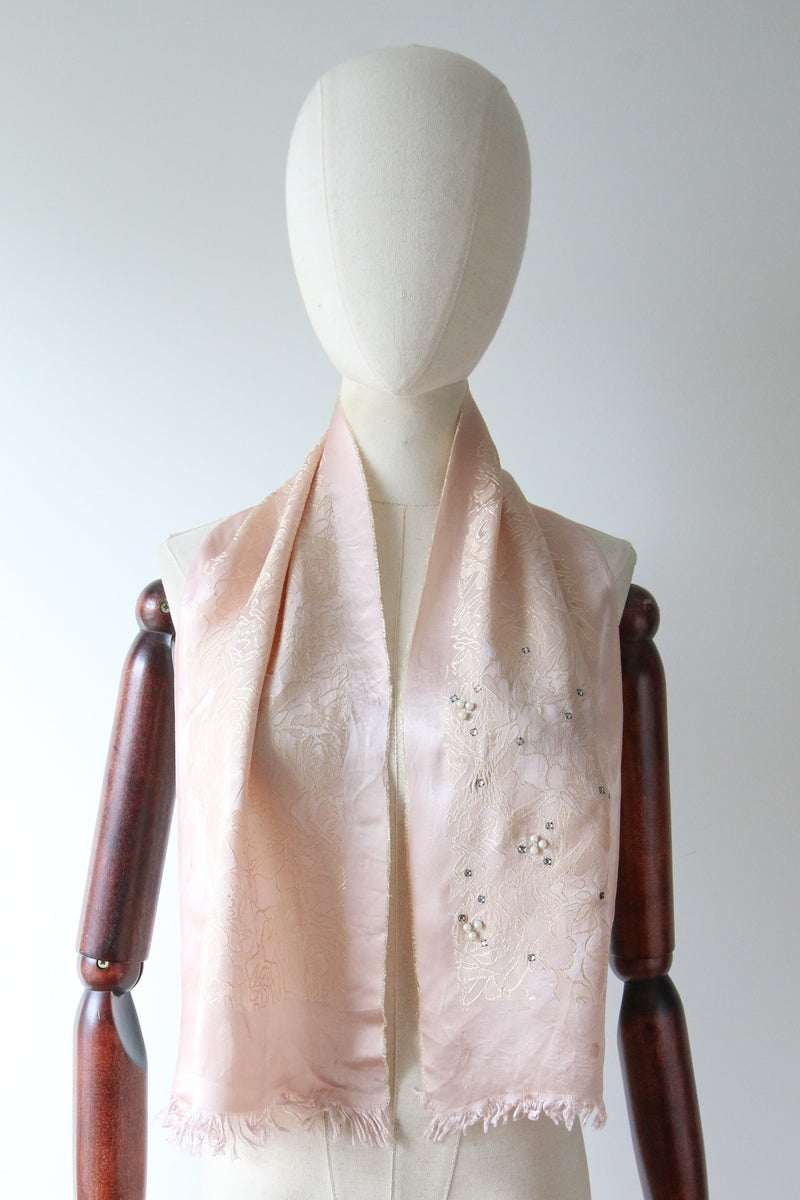 "Blush Brocade & Rhinestones" Vintage 1950's Silk Brocade, Rhinestone & Pearl Embellished Scarf