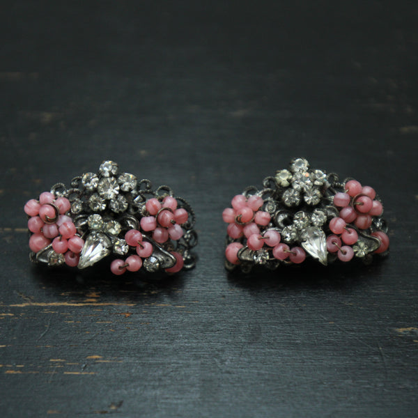 "Pink & Silver Florals" Vintage 1940's Filigree Floral Bead & Rhinestone Clip on Earrings