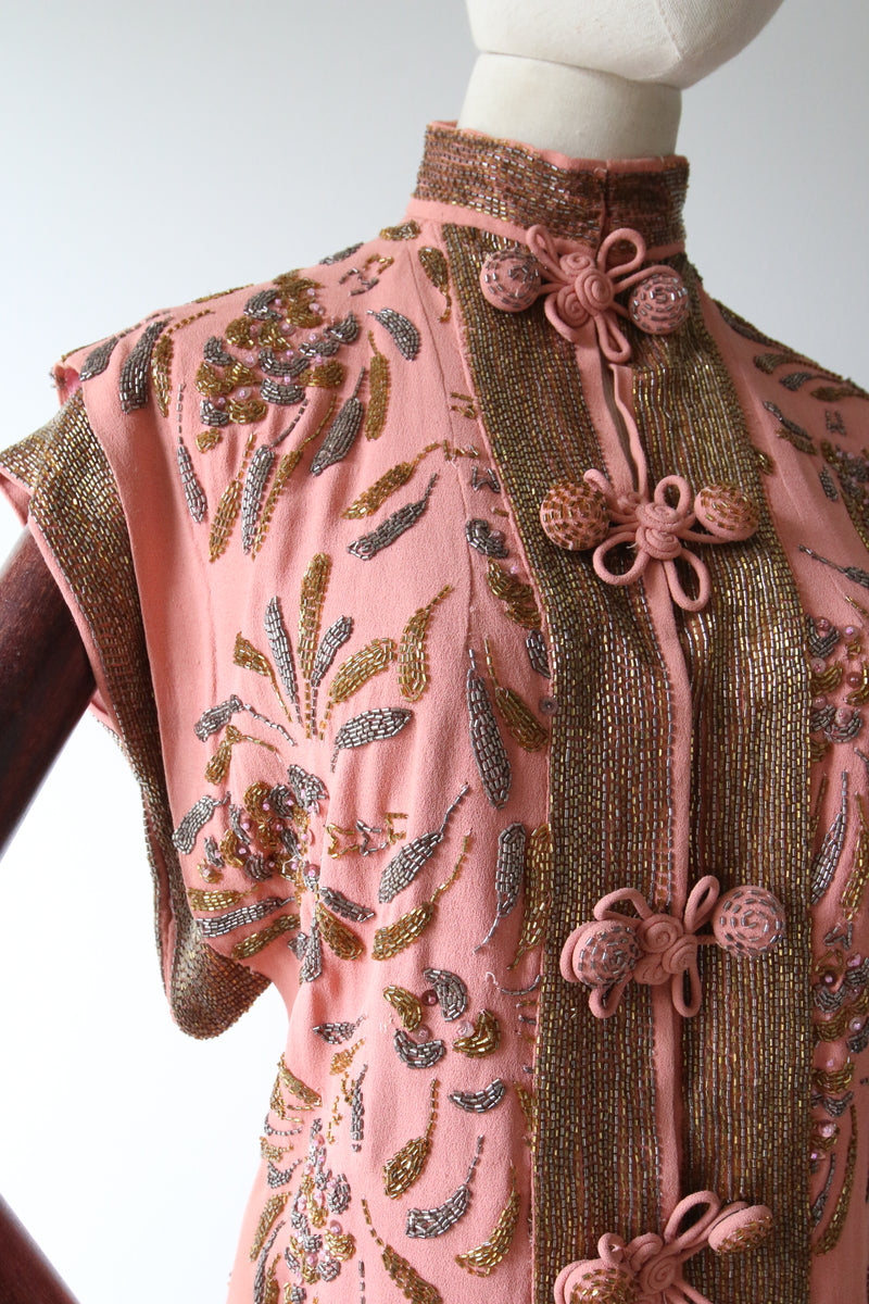"Perfectly Blush & Beaded" Vintage 1940's Blush Crepe Silk Beaded Blouse UK 8 US 4