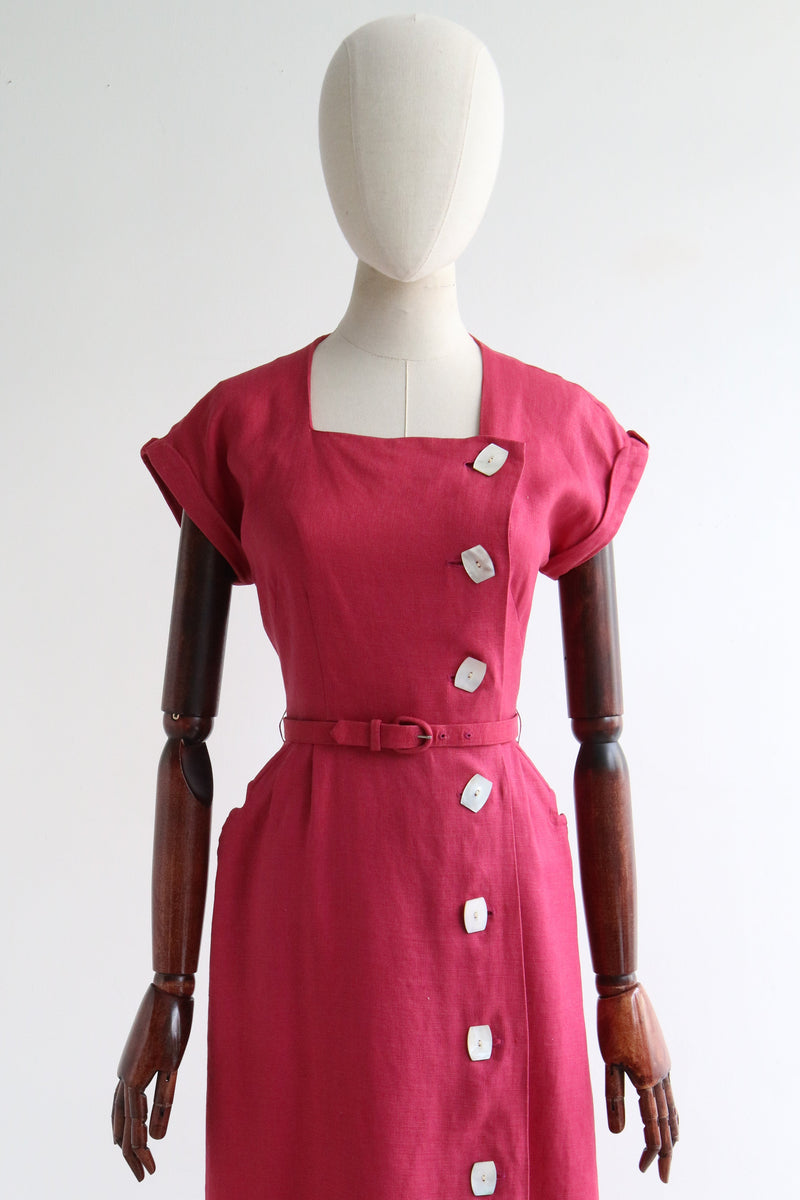 "Burgundy Linen" Vintage 1940's Burgundy Linen Dress UK 8 US 4