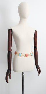 "Coral & Turquoise" Vintage 1970's Coral & Turquoise Cabochons Chain Belt UK 8 US 4