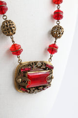 "Scarlett Glass & Filigree" Vintage 1930's Brass & Red Glass Necklace