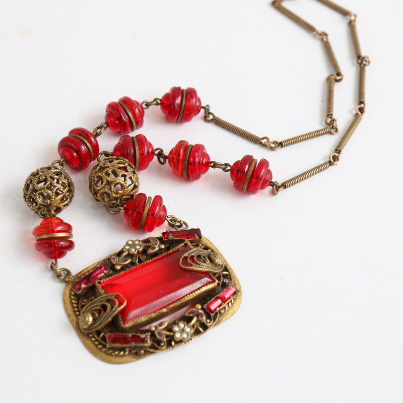 "Scarlett Glass & Filigree" Vintage 1930's Brass & Red Glass Necklace