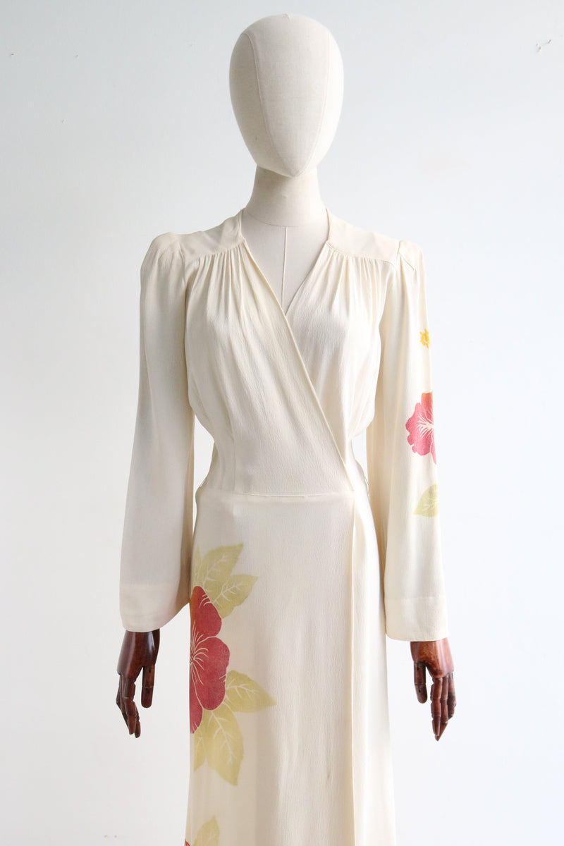 "Hibiscus Sunset" Vintage 1940's Crepe Silk Hibiscus Dress UK 10 US 6