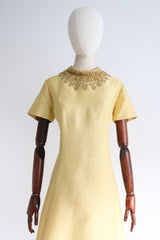 "Gold Beads & Rhinestones" Vintage 1960's Yellow Silk Beaded Dress UK 12-14 US 8-10