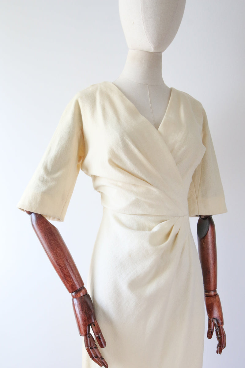 "Cream Pleated Wool" Vintage 1950's Cream Pleated Wool Dress UK 8-10 US 4-6