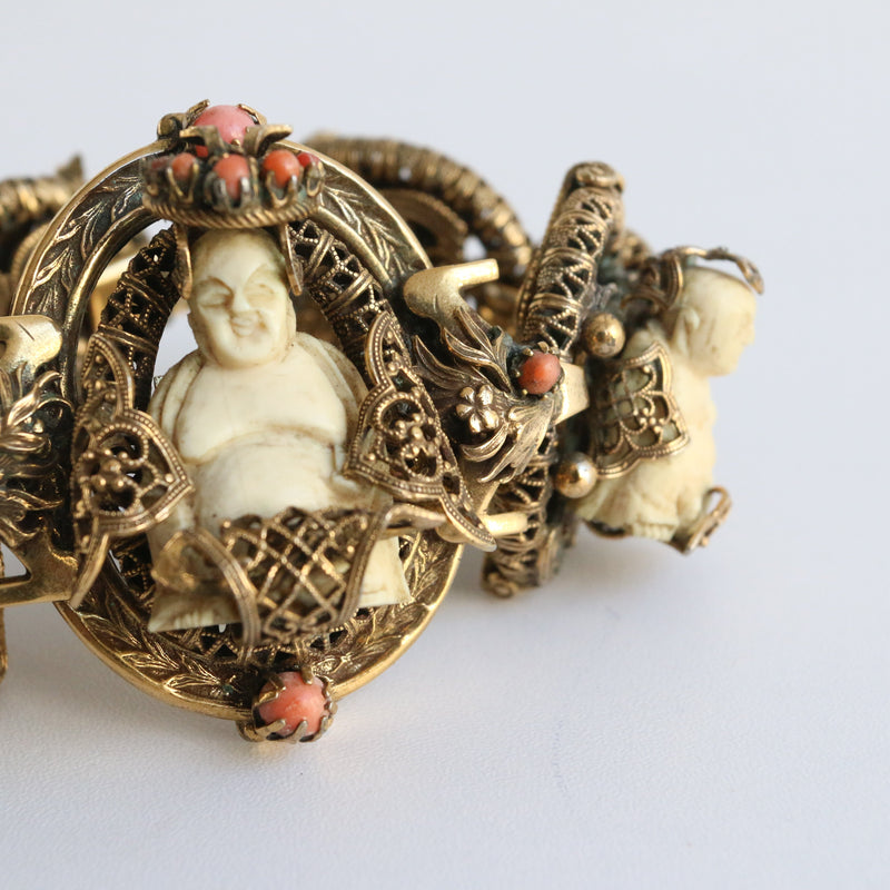 "Trikaya" Vintage 1920's Filigree Brass & Coral Trikaya Buddha Bracelet