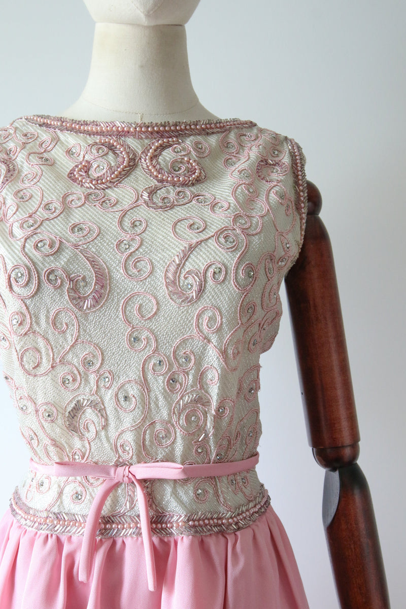 "Silver Lurex & Pink Pearls" Vintage 1960's Pink & Silver Beaded Evening Gown UK 8-10 US 4-6