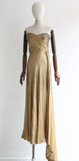 "Draped Gold Lamé" Vintage 1930's Gold Silk Lamé & Beadwork Gown UK 10 US 6