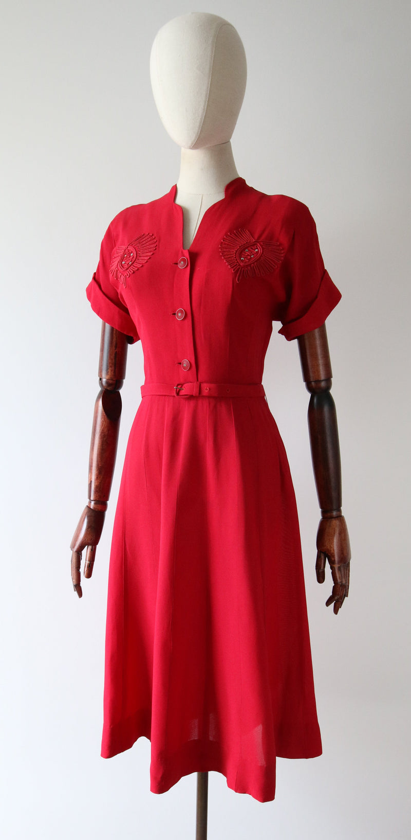 "Rouge Soutache" Vintage 1940's Rouge Soutache Embellished Dress UK 10 US 6