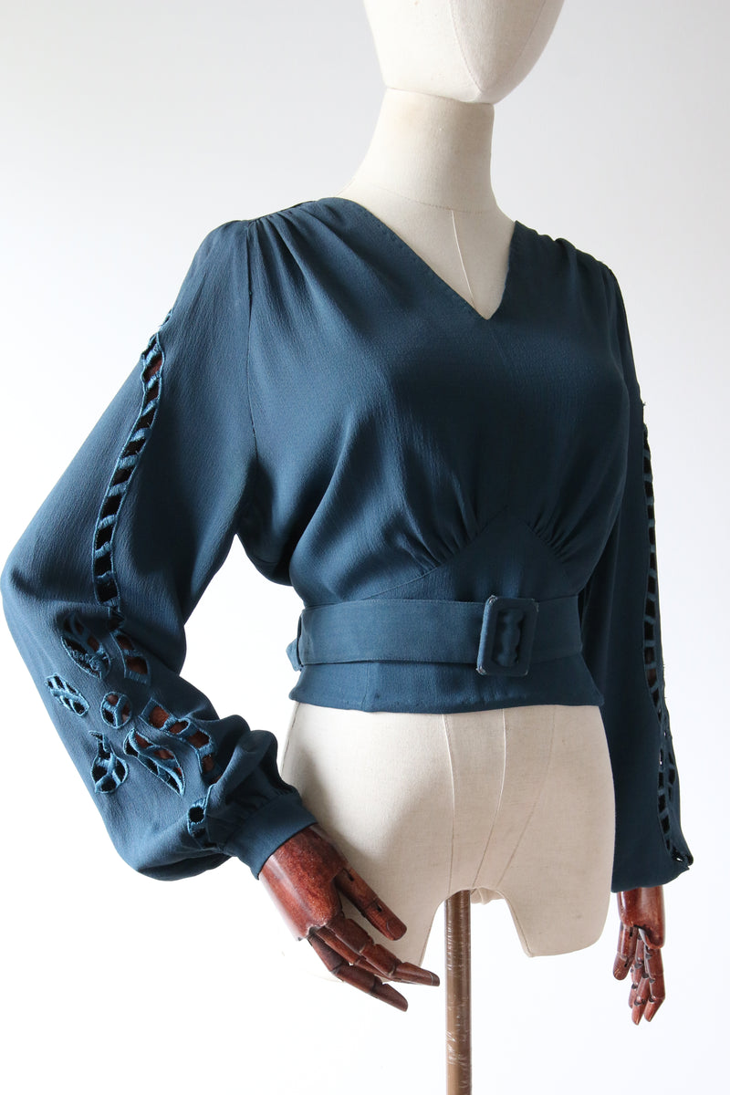 "Peacock Blue" Vintage 1930's Peacock Blue Silk Embroidered Sleeve Blouse UK 14 US 10