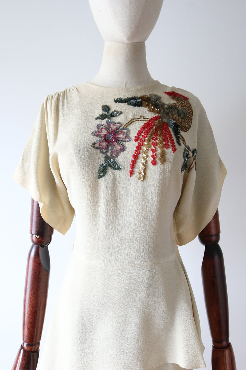 "Bird of Paradise" Vintage 1940's Crepe Silk Sequin Embellished Bird of Paradise Dress UK 6 US 2