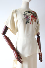 "Bird of Paradise" Vintage 1940's Crepe Silk Sequin Embellished Bird of Paradise Dress UK 6 US 2