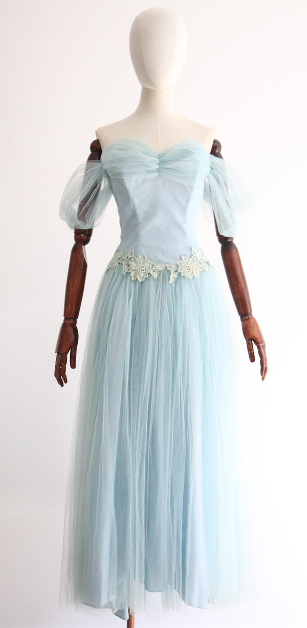 "Crystal Blue" Vintage 1950's Crystal Blue Tulle & Floral Appliqués Dress UK 8 US 4