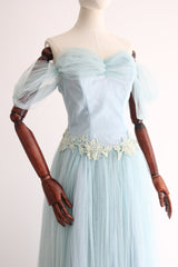 "Crystal Blue" Vintage 1950's Crystal Blue Tulle & Floral Appliqués Dress UK 8 US 4
