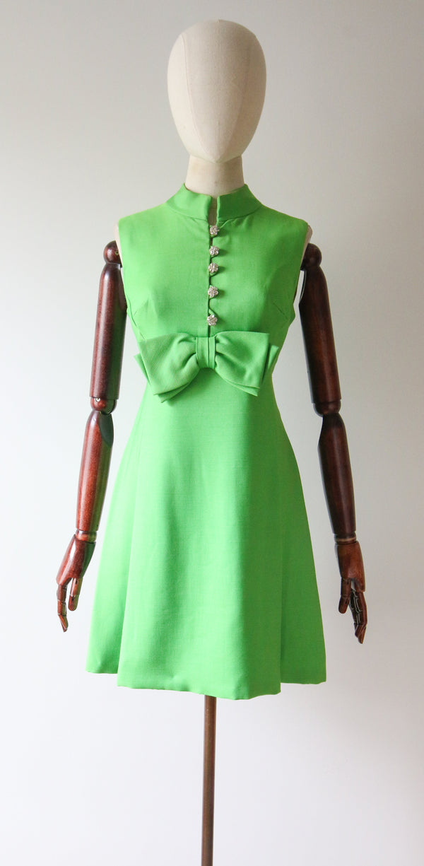Atomic Green" Vintage 1960's Lime Green & Rhinestone Bow Detail Dress UK 8-10 US 4-6
