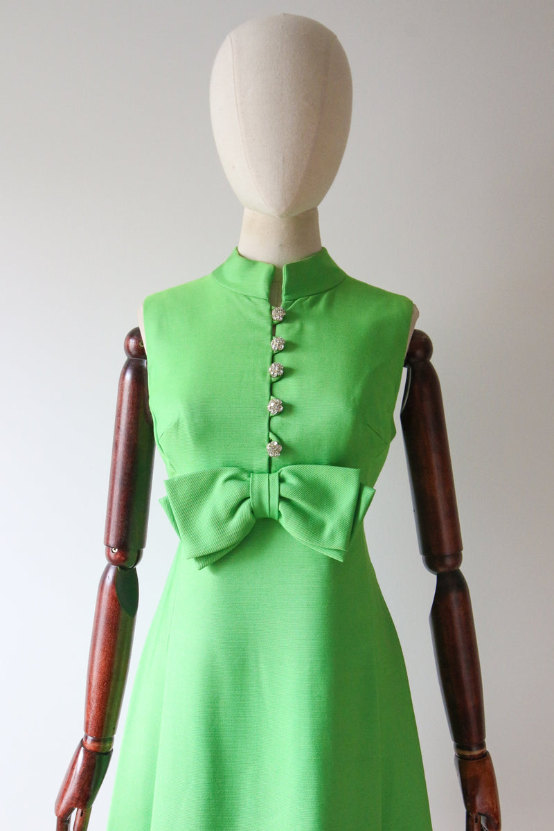 "Atomic Green" Vintage 1960's Lime Green & Rhinestone Bow Detail Dress UK 8-10 US 4-6