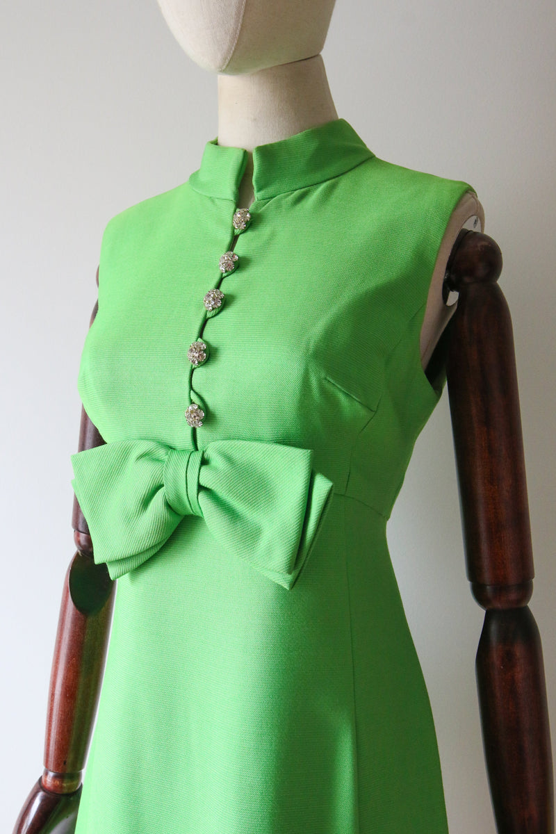 "Atomic Green" Vintage 1960's Lime Green & Rhinestone Bow Detail Dress UK 8-10 US 4-6