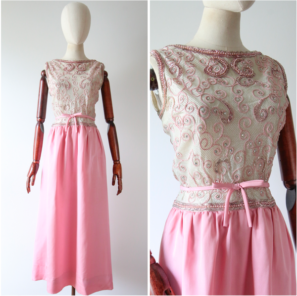 "Silver Lurex & Pink Pearls" Vintage 1960's Pink & Silver Beaded Evening Gown UK 8-10 US 4-6