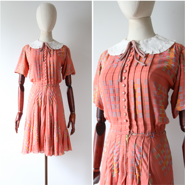 "Perfectly Pastel" Vintage 1930's Pink & Pastel Collar Dress UK 6-8 US 2-4