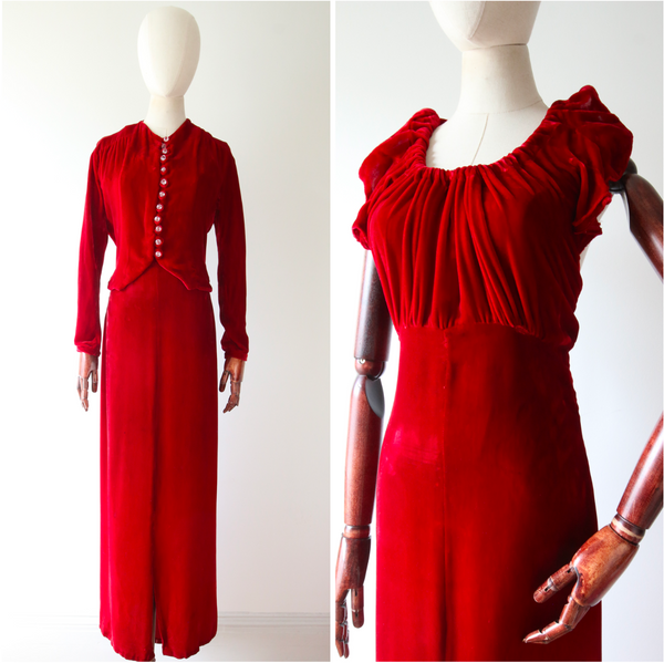 "Racing Red Velvet" Vintage 1930's Red Velvet Racer Back Dress & Matching Jacket UK 6-8 US 2-4