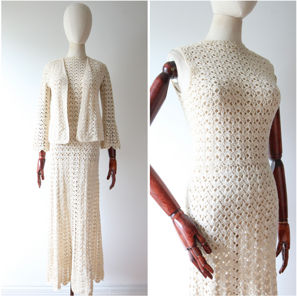 "A Vision in Crochet" Vintage 1960's Mady Gerrard Cream Crochet Dress & Jacket UK 8-10 US 4-6