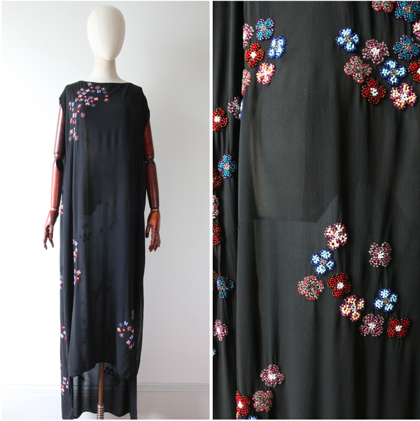 "Daisy Trains" Vintage 1920's Black Silk Beaded Daisy Train Dress UK 14-18 US 10-14