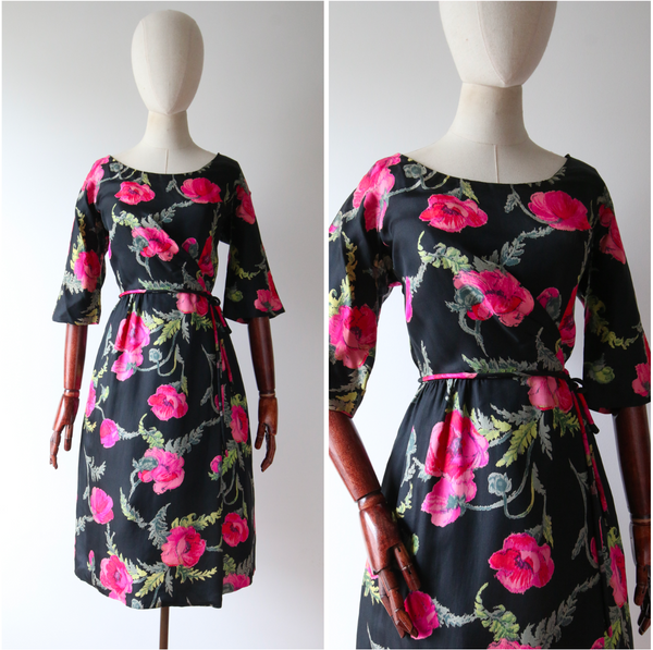 "Gardens by Night" Vintage 1950's Black Satin Floral Dress UK 8-10 US 4-6