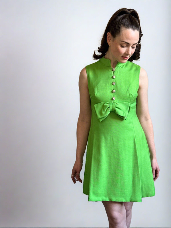 Atomic Green" Vintage 1960's Lime Green & Rhinestone Bow Detail Dress UK 8-10 US 4-6