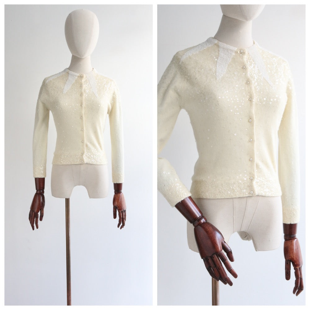 60s Vtg Imperial Imports Hong Kong Cream Wool Sequin Beaded Boho Glam orders Cardigan