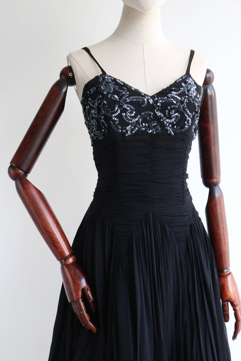 "Silk Chiffon Pleats & Sequins" Vintage 1950's Silk Chiffon & Sequin Embellished Dress UK 8 US 4
