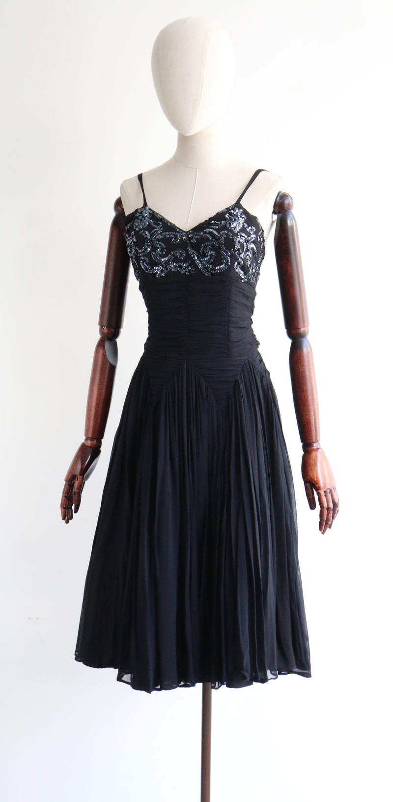 "Silk Chiffon Pleats & Sequins" Vintage 1950's Silk Chiffon & Sequin Embellished Dress UK 8 US 4
