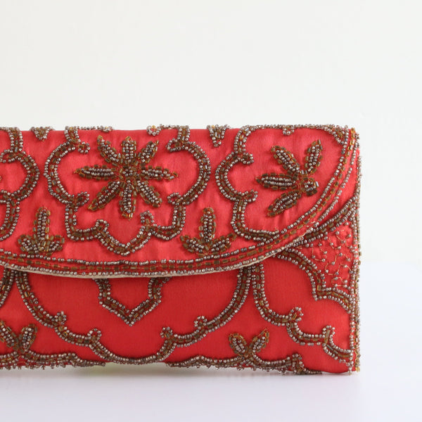 "Cherry Red" Vintage 1950's Red Satin Embroidered Clutch Bag