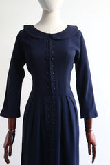 "Damson Button Accents" Vintage 1950's Crepe Silk Navy Dress UK 10 US 6