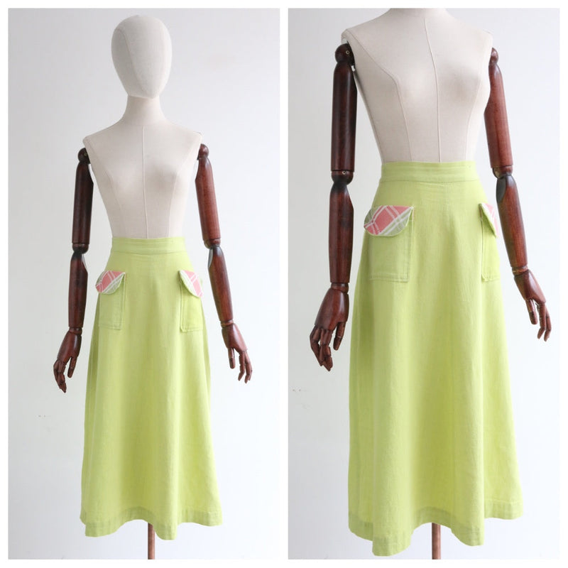 "Lime Green" Vintage 1940's Lime Green Pink Pocket Skirt UK 10 US 6