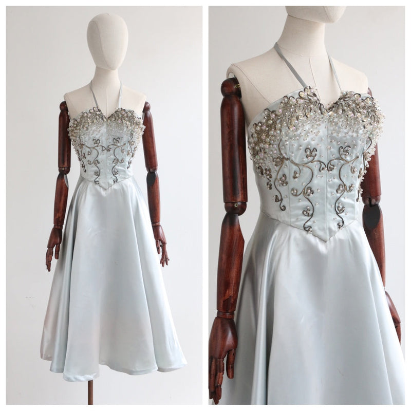 "Satin & Soutache" Vintage 1950's Ice Blue Satin Embellished Halter Neck Dress UK 10 US 6