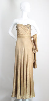 "Draped Gold Lamé" Vintage 1930's Gold Silk Lamé & Beadwork Gown UK 10 US 6