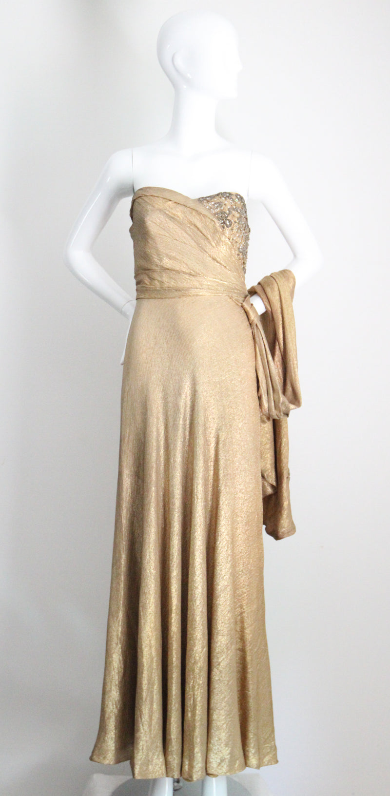 "Draped Gold Lamé" Vintage 1930's Gold Silk Lamé & Beadwork Gown UK 10 US 6