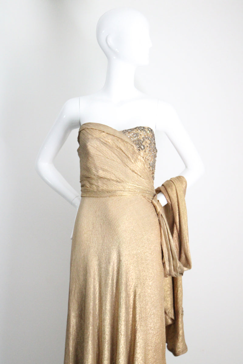 "Draped Gold Lamé" Vintage 1930's Gold Silk Lamé & Beadwork Gown UK 10 US 6