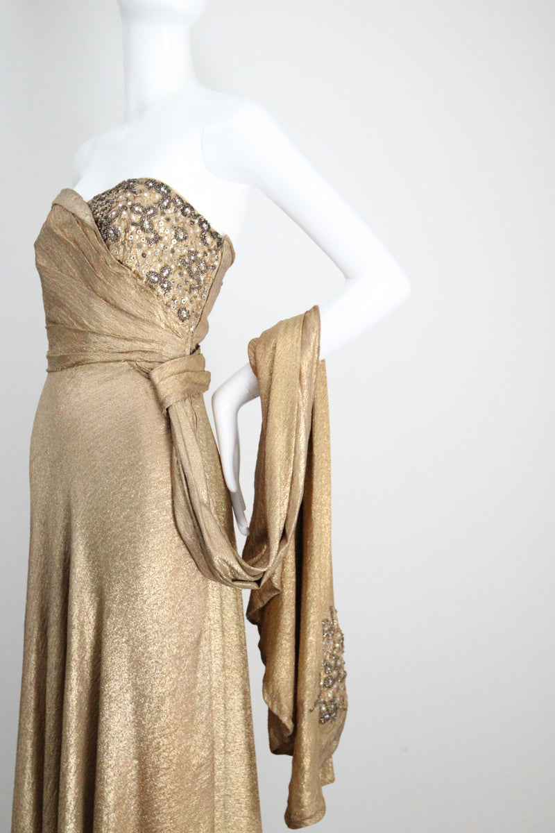 "Draped Gold Lamé" Vintage 1930's Gold Silk Lamé & Beadwork Gown UK 10 US 6