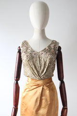 "Pink Sequins & Satin" Vintage 1950's Satin & Beadwork Silk Ceil Chapman Dress UK 6 US 2