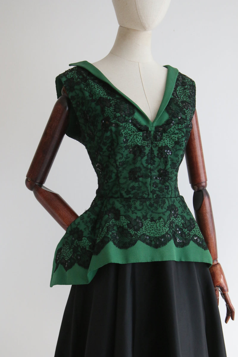 "Green Faille & Lace" Vintage 1950's Green Faille & Black Lace Beaded Dress UK 8-10 US 4-6