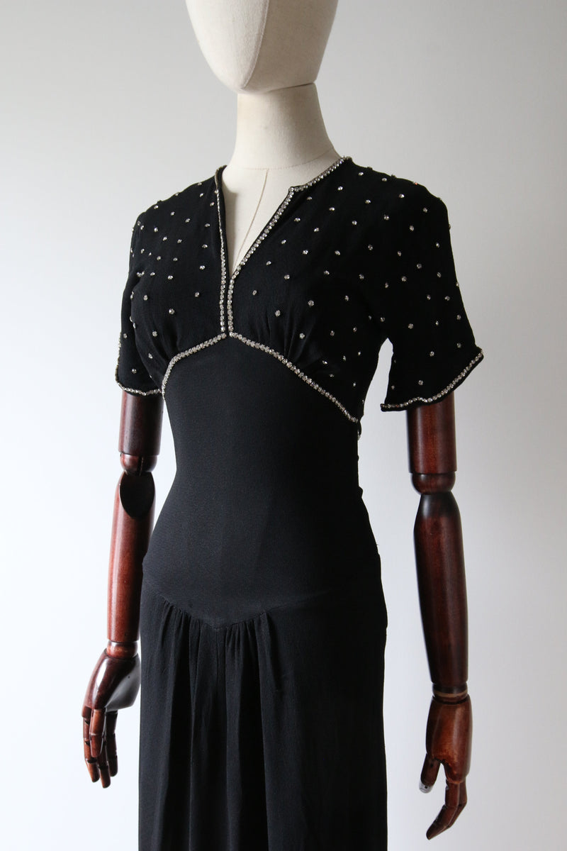 "Rhinestone Skies" Vintage 1930's Black Crepe Silk & Rhinestone Dress UK 6-8 US 2-4