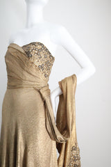 "Draped Gold Lamé" Vintage 1930's Gold Silk Lamé & Beadwork Gown UK 10 US 6